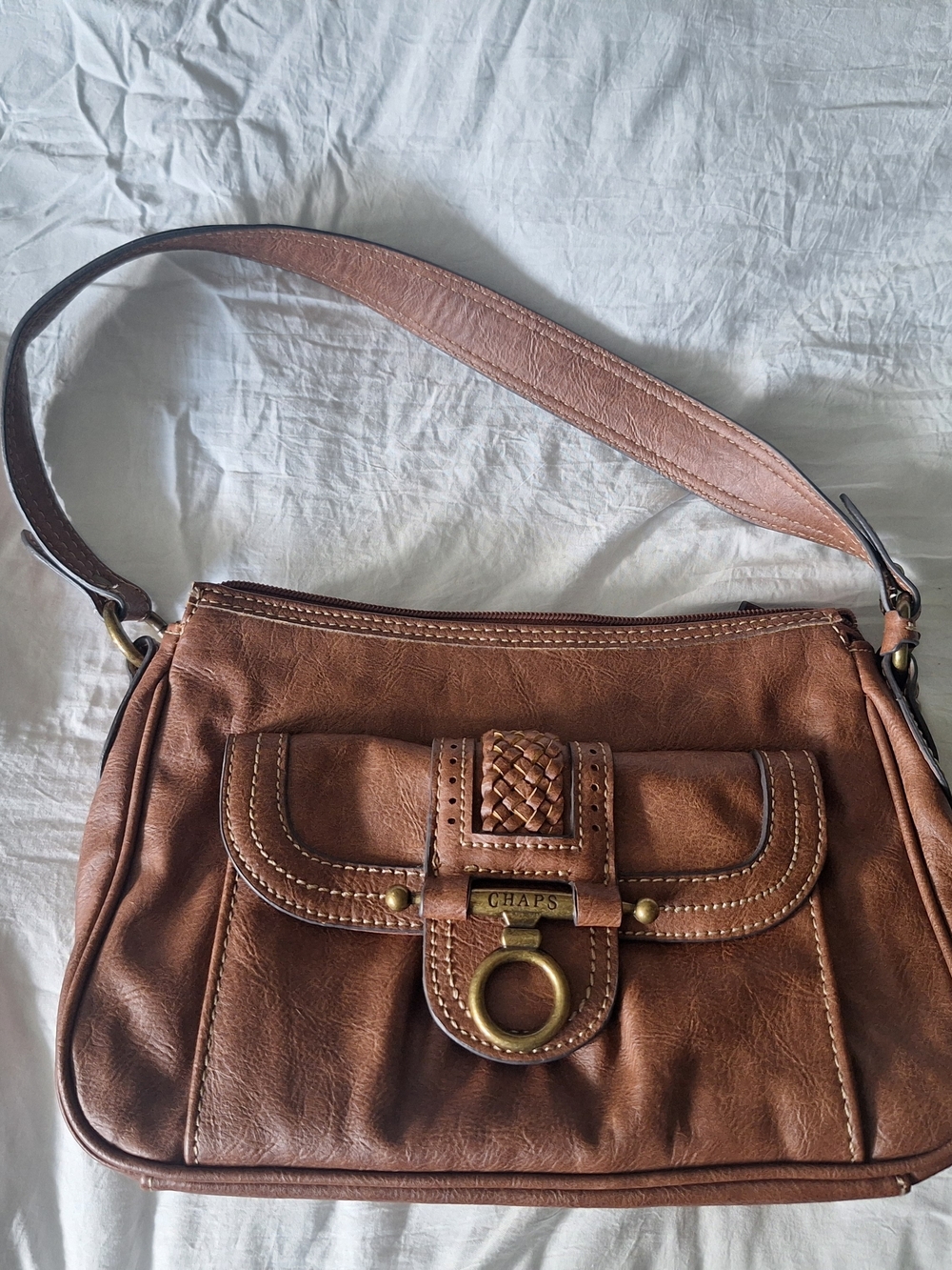 CHAPS Brown Leather Shoulder Bag with Brass Ring Accent
